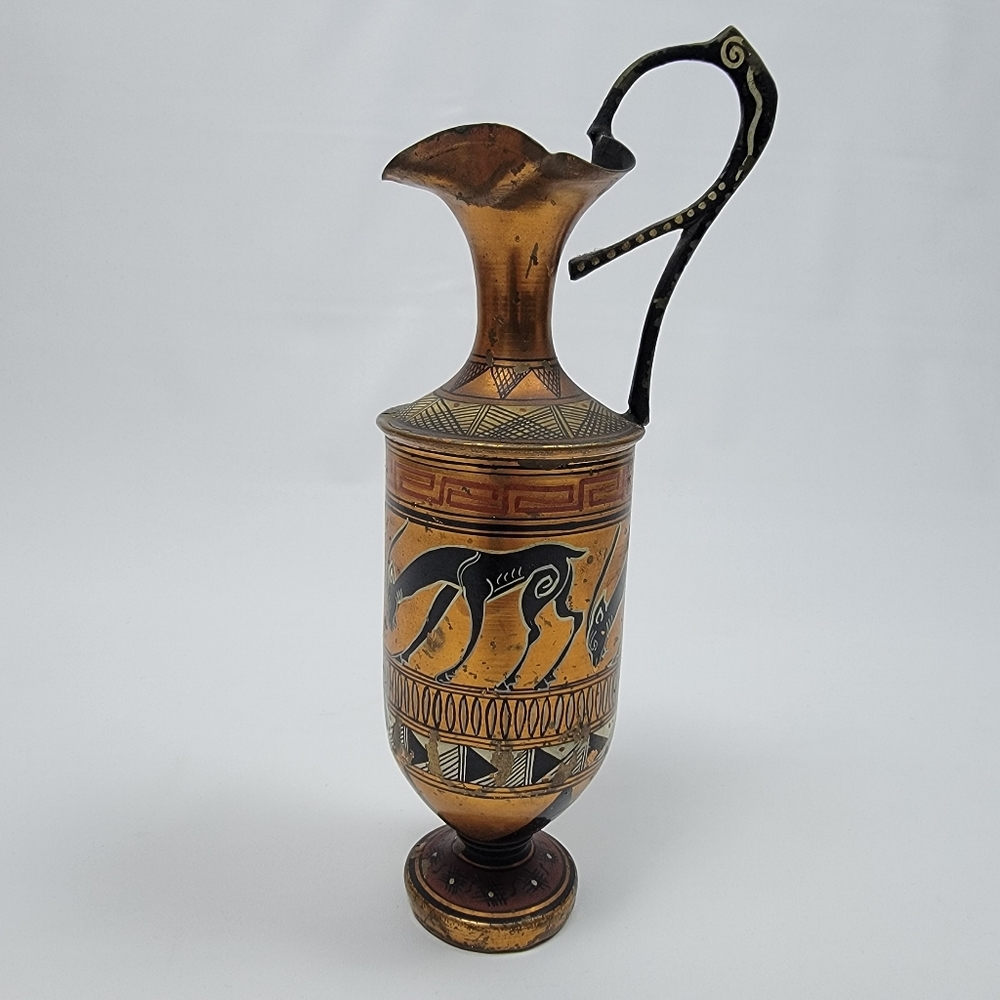 Greek Copper Pitcher Vase Metal Hand Made in Greece - Vintage, 8¼" tall.